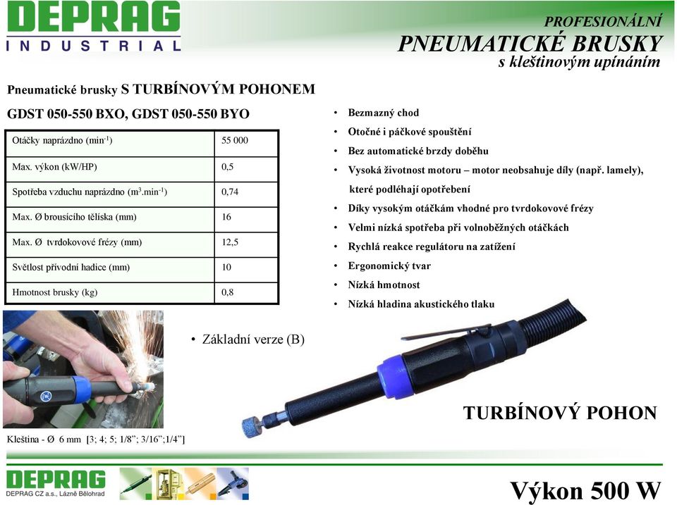 Ø tvrdokovové frézy (mm) 12,5 Světlost přívodní hadice (mm) 10 Hmotnost brusky (kg) 0,8 PROFESIONÁLNÍ PNEUMATICKÉ BRUSKY s kleštinovým upínáním Bezmazný chod Otočné i páčkové spouštění Bez