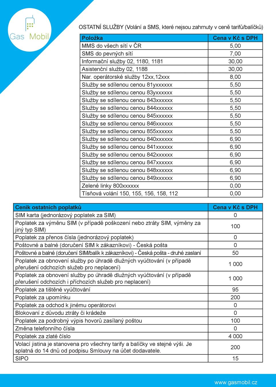 operátorské služby 12xx,12xxx 8,00 Služby se sdílenou cenou 81yxxxxxx 5,50 Služby se sdílenou cenou 83yxxxxxx 5,50 Služby se sdílenou cenou 843xxxxxx 5,50 Služby se sdílenou cenou 844xxxxxx 5,50