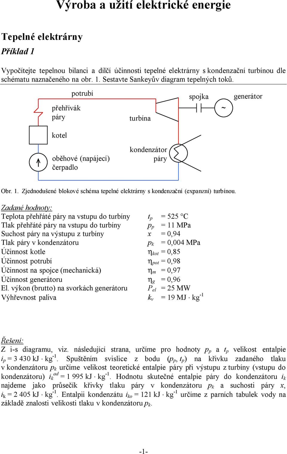 Zadané hodnoy: Teploa přehřáé páry na vsupu do urbíny p 525 C Tlak přehřáé páry na vsupu do urbíny p p 11 MPa Suchos páry na výsupu z urbíny x 0,94 Tlak páry v kondenzáoru p k 0,004 MPa Účinnos kole