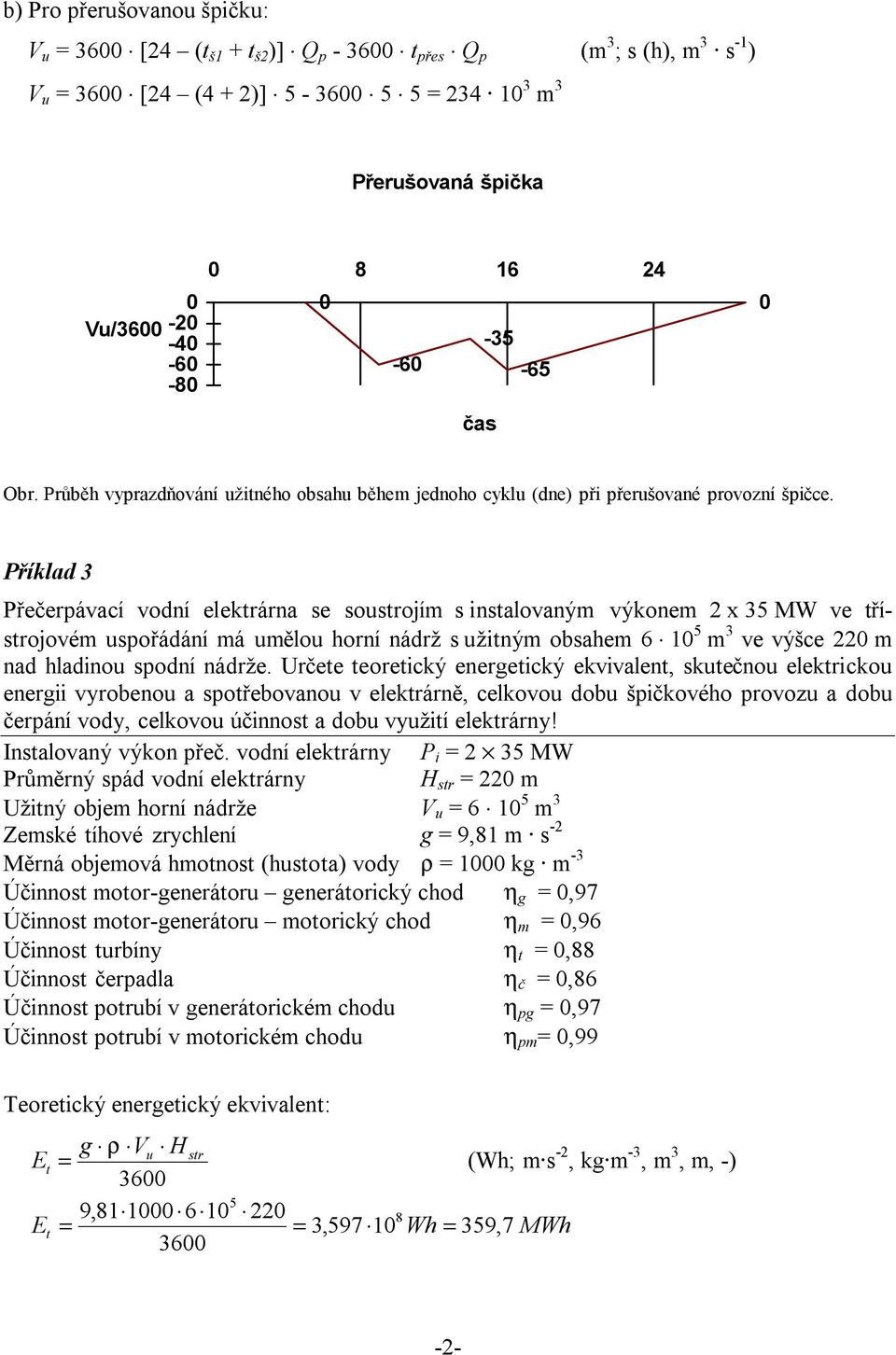 Příklad 3 Přečerpávací vodní elekrárna se sousrojím s insalovaným výkonem 2 x 35 MW ve řísrojovém uspořádání má umělou horní nádrž s užiným obsahem 6 10 5 m 3 ve výšce 220 m nad hladinou spodní