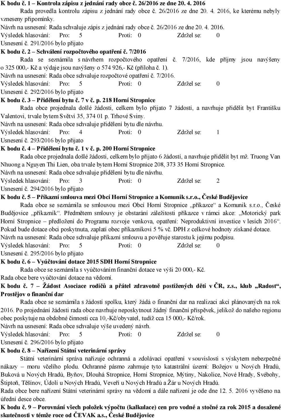 7/2016 Rada se seznámila s návrhem rozpočtového opatření č. 7/2016, kde příjmy jsou navýšeny o 325 000,- Kč a výdaje jsou navýšeny o 574 926,- Kč (příloha č. 1).