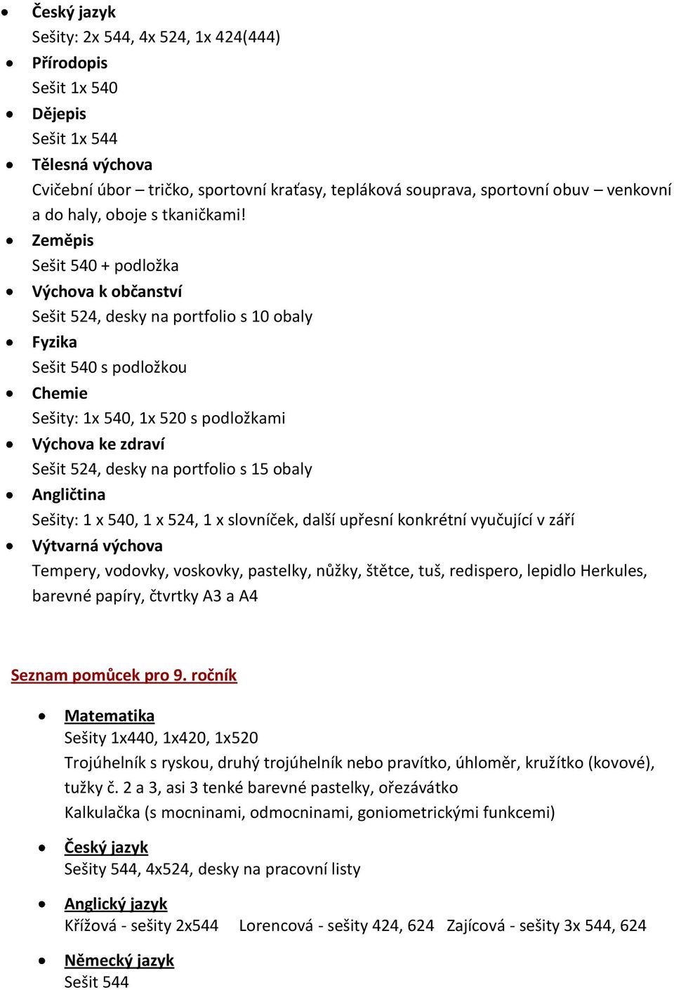 Zeměpis Sešit 540 + podložka Výchova k občanství Sešit 524, desky na portfolio s 10 obaly Sešit 540 s podložkou Chemie Sešity: 1x 540, 1x 520 s podložkami Výchova ke zdraví Angličtina Sešity: 1 x
