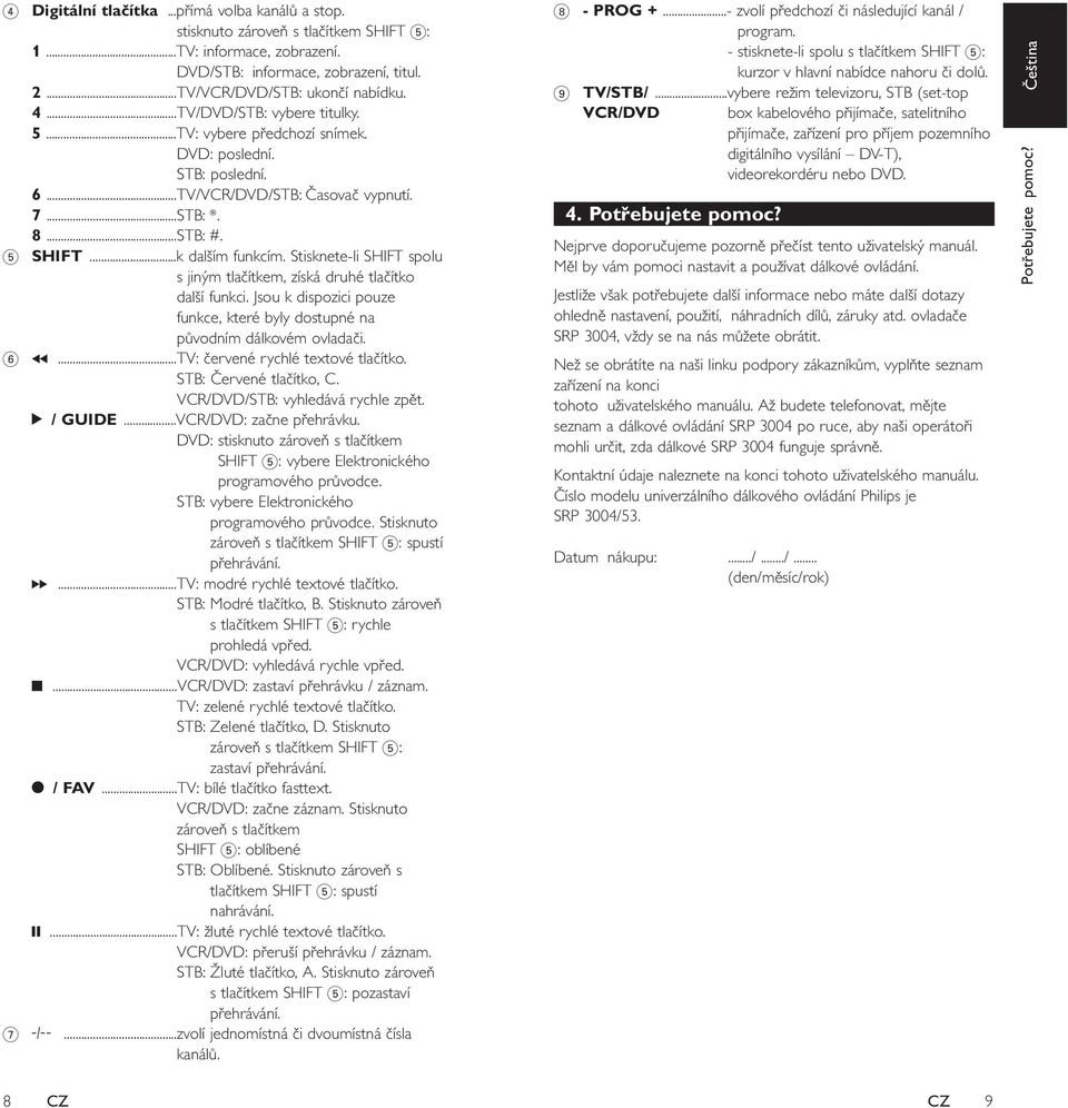 Stisknete-li SHIFT spolu s jiným tlačítkem, získá druhé tlačítko další funkci. Jsou k dispozici pouze funkce, které byly dostupné na původním dálkovém ovladači. 6 5.