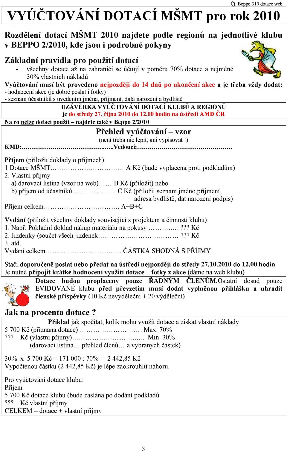 dodat: - hodnocení akce (je dobré poslat i fotky) - seznam účastníků s uvedením jména, příjmení, data narození a bydliště UZÁVĚRKA VYÚČTOVÁNÍ DOTACÍ KLUBŮ A REGIONŮ je do středy 27. října 2010 do 12.