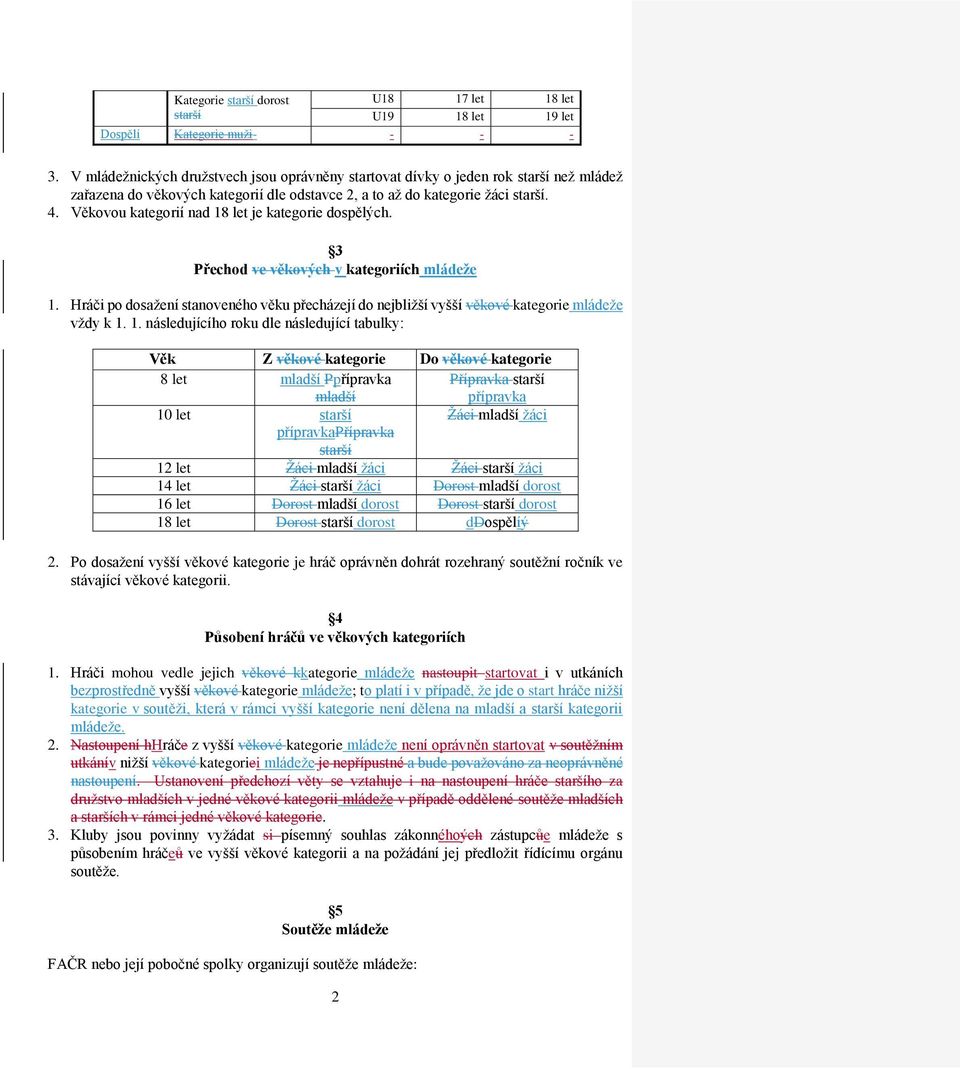 Věkovou kategorií nad 18 let je kategorie dospělých. 3 Přechod ve věkových v kategoriích mládeže 1. Hráči po dosažení stanoveného věku přecházejí do nejbližší vyšší věkové kategorie mládeže vždy k 1.