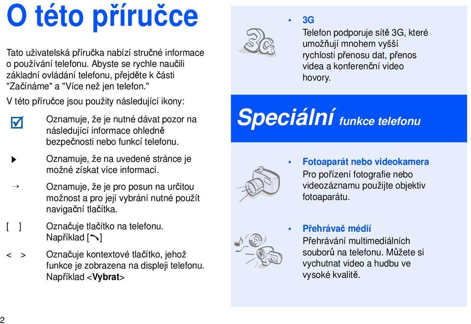 Oznamuje, že na uvedené stránce je možné získat více informací. Oznamuje, že je pro posun na určitou možnost a pro její vybrání nutné použít navigační tlačítka. [ ] Označuje tlačítko na telefonu.