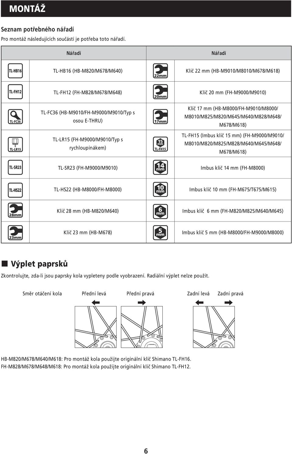 TL-LR15 (FH-M9000/M9010/Typ s rychloupínákem) Klíč 17 mm (HB-M8000/FH-M9010/M8000/ M8010/M825/M820/M645/M640/M828/M648/ M678/M618) TL-FH15 (Imbus klíč 15 mm) (FH-M9000/M9010/