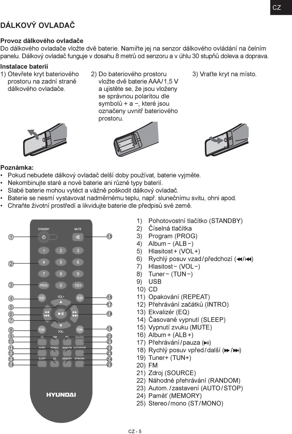 2) Do bateriového prostoru vložte dvě baterie AAA / 1,5 V a ujistěte se, že jsou vloženy se správnou polaritou dle symbolů + a, které jsou označeny uvnitř bateriového prostoru.