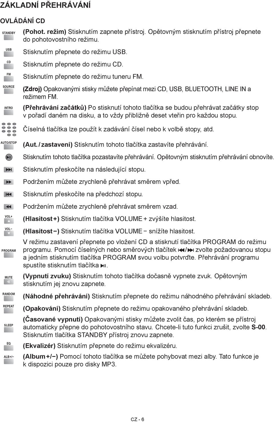 (Zdroj) Opakovanými stisky můžete přepínat mezi CD, USB, BLUETOOTH, LINE IN a režimem FM.