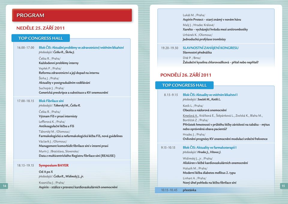 /Praha/ Reforma zdravotnictví a její dopad na internu Škrha J. /Praha/ Aktuality v postgraduálním vzdělávání Suchopár J. /Praha/ Generická preskripce a substituce u KV onemocnění 17.00 18.