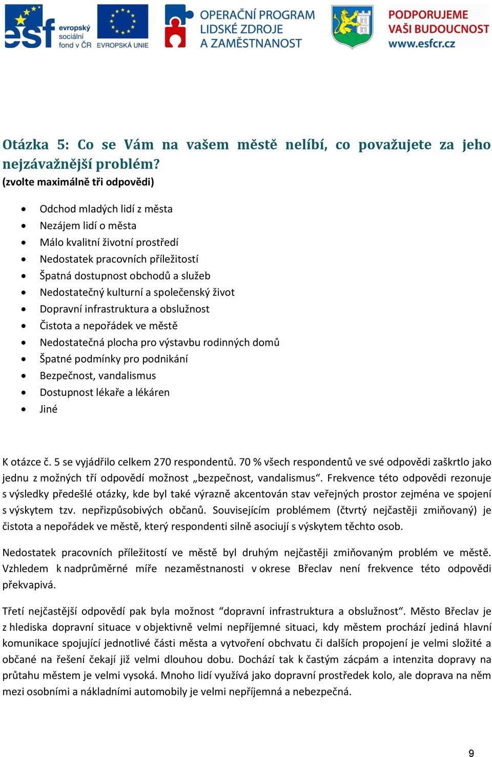 kulturní a společenský život Dopravní infrastruktura a obslužnost Čistota a nepořádek ve městě Nedostatečná plocha pro výstavbu rodinných domů Špatné podmínky pro podnikání Bezpečnost, vandalismus