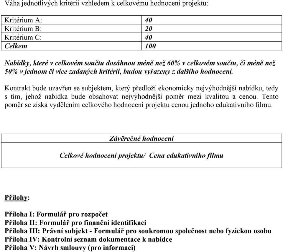 Kontrakt bude uzavřen se subjektem, který předloží ekonomicky nejvýhodnější nabídku, tedy s tím, jehož nabídka bude obsahovat nejvýhodnější poměr mezi kvalitou a cenou.