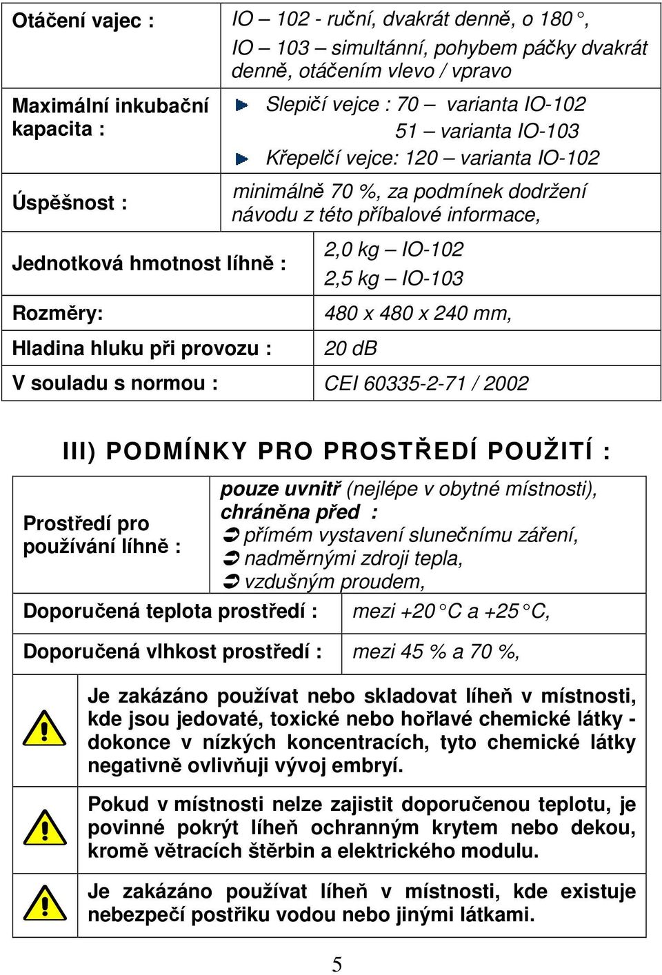 2,0 kg IO-102 2,5 kg IO-103 480 x 480 x 240 mm, 20 db V souladu s normou : CEI 60335-2-71 / 2002 III) PODMÍNKY PRO PROSTŘEDÍ POUŽITÍ : Prostředí pro používání líhně : Doporučená teplota prostředí :