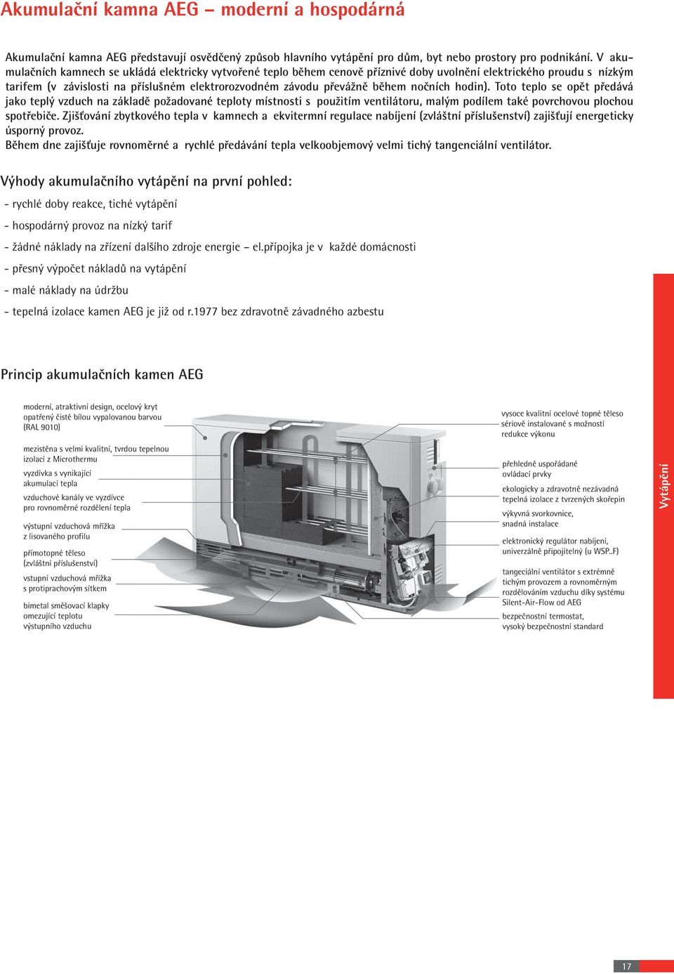 nočních hodin). Toto teplo se opět předává jako teplý vzduch na základě požadované teploty místnosti s použitím ventilátoru, malým podílem také povrchovou plochou spotřebiče.