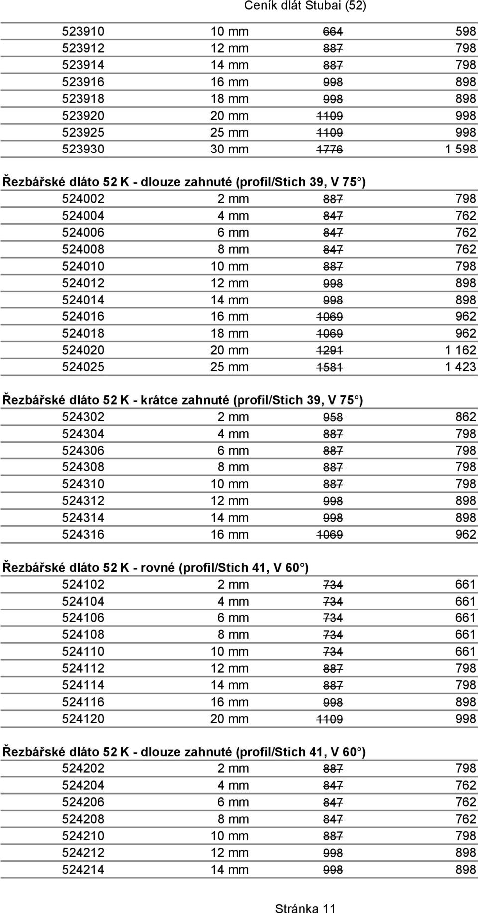 1069 962 524018 18 mm 1069 962 524020 20 mm 1291 524025 25 mm 1581 Řezbářské dláto 52 K - krátce zahnuté (profil/stich 39, V 75 ) 524302 2 mm 958 862 524304 4 mm 887 798 524306 6 mm 887 798 524308 8