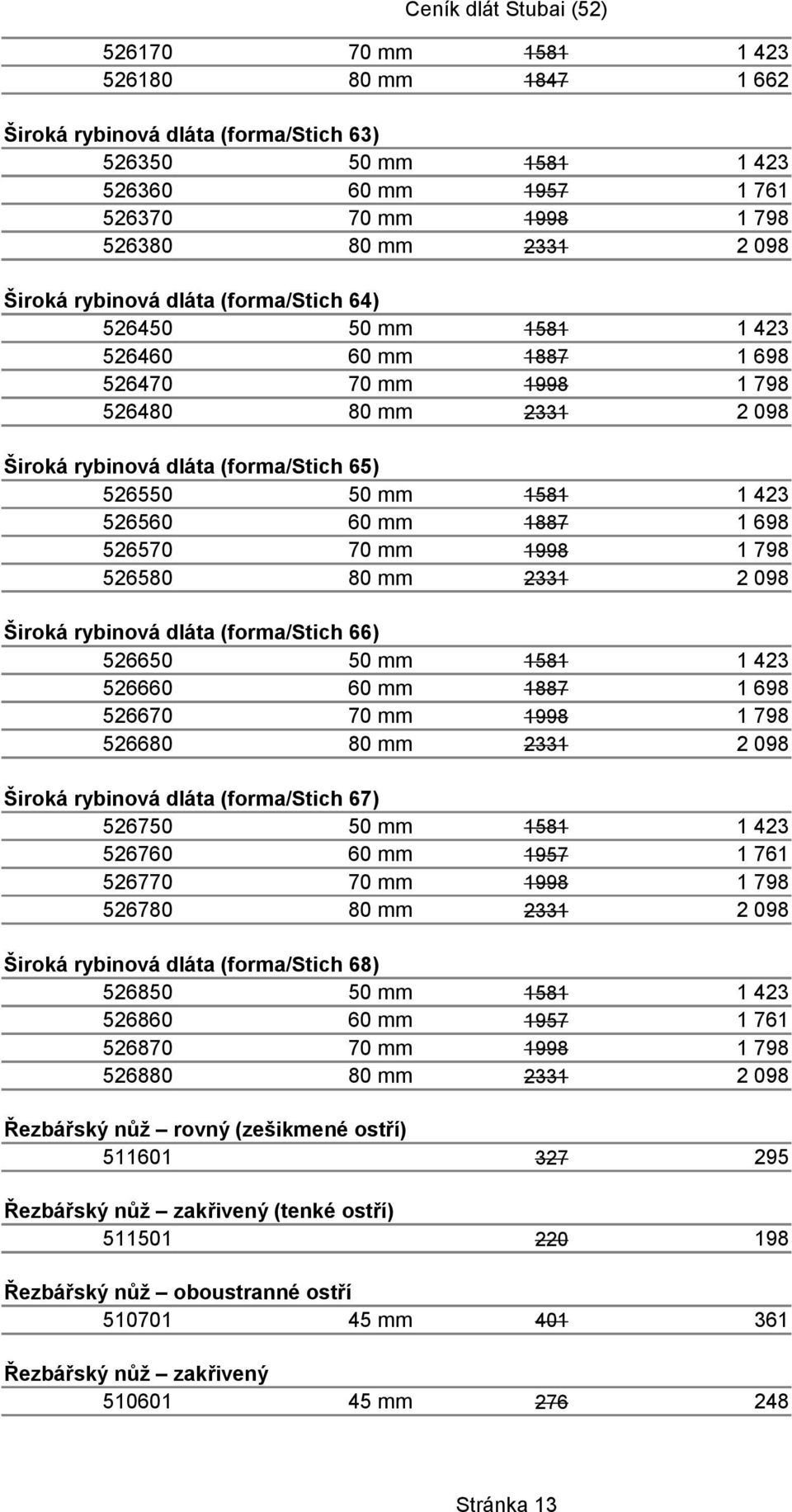 (forma/stich 66) 526650 50 mm 1581 526660 60 mm 1887 526670 70 mm 1998 526680 80 mm 2331 Široká rybinová dláta (forma/stich 67) 526750 50 mm 1581 526760 60 mm 1957 526770 70 mm 1998 526780 80 mm 2331