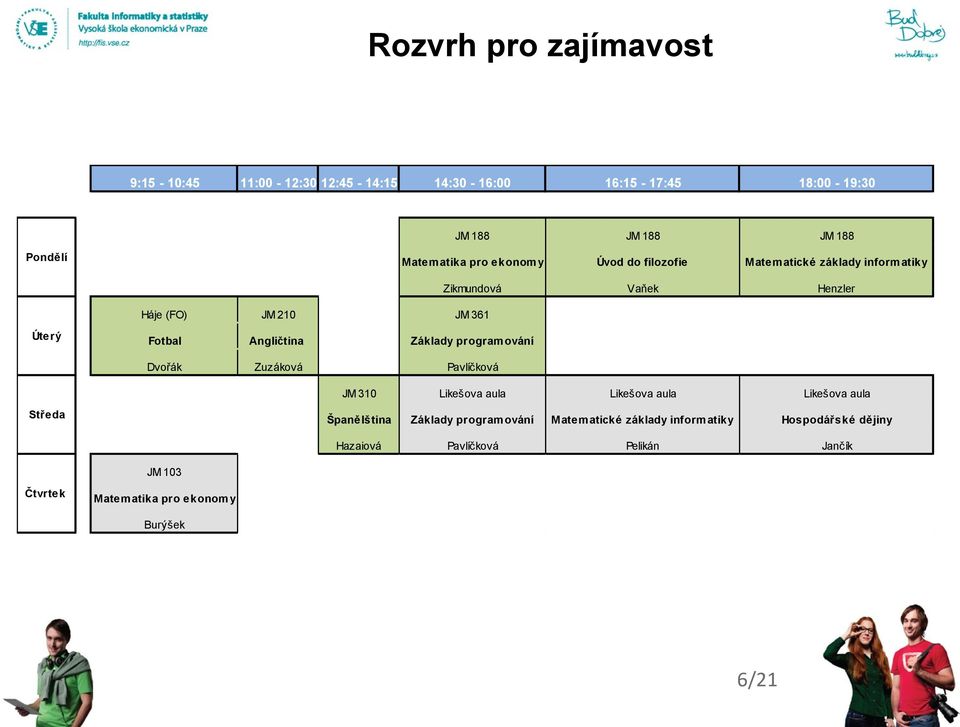 Základy programování Dvořák Zuzáková Pavlíčková JM 310 Likešova aula Likešova aula Likešova aula Středa Španělština Základy