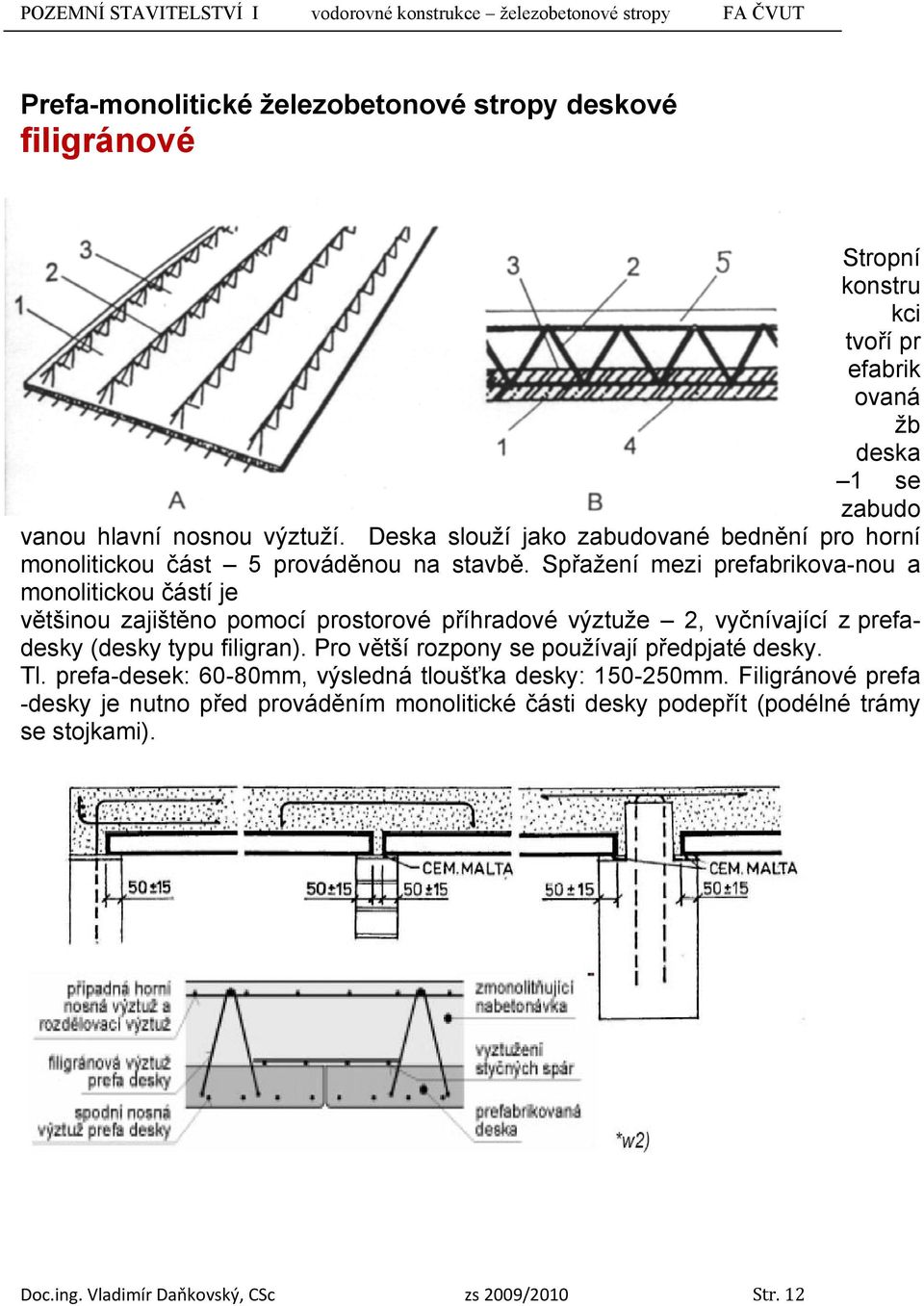 Spřažení mezi prefabrikova-nou a monolitickou částí je většinou zajištěno pomocí prostorové příhradové výztuže 2, vyčnívající z prefadesky (desky typu filigran).