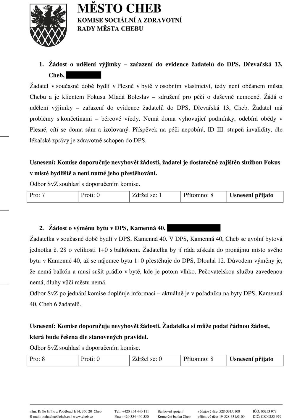 Nemá doma vyhovující podmínky, odebírá obědy v Plesné, cítí se doma sám a izolovaný. Příspěvek na péči nepobírá, ID III. stupeň invalidity, dle lékařské zprávy je zdravotně schopen do DPS.