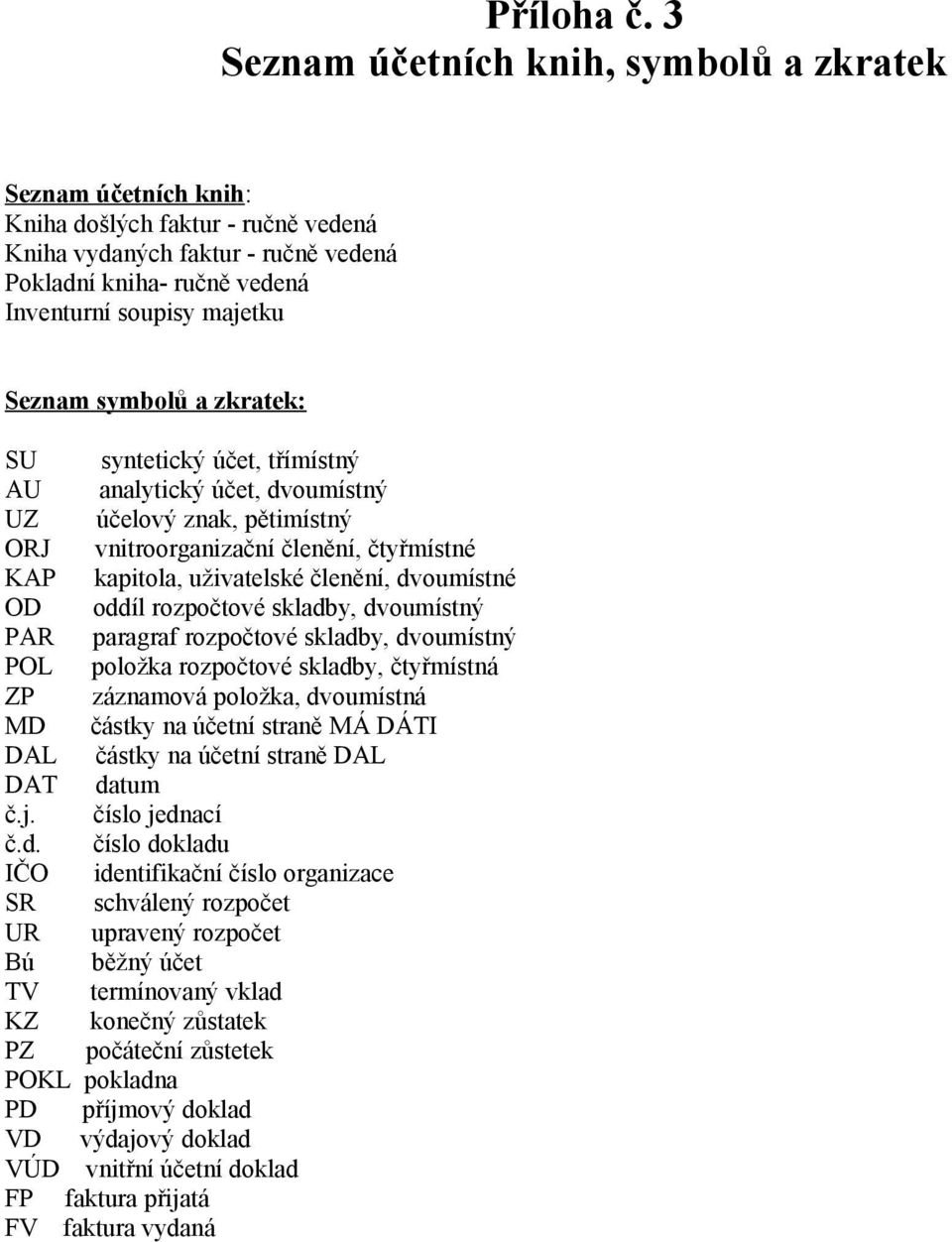 symbolů a zkratek: SU syntetický účet, třímístný AU analytický účet, dvoumístný UZ účelový znak, pětimístný ORJ vnitroorganizační členění, čtyřmístné KAP kapitola, uživatelské členění, dvoumístné OD