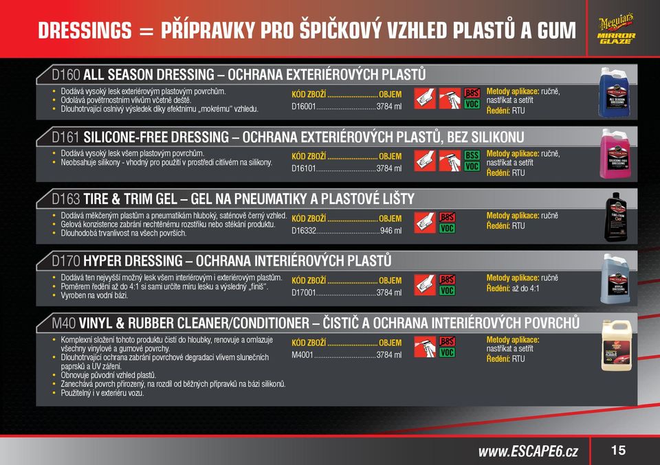 ..3784 ml, nastříkat a setřít D161 SILICONE-FREE DRESSING OCHRANA EXTERIÉROVÝCH PLASTŮ, BEZ SILIKONU Dodává vysoký lesk všem plastovým povrchům.