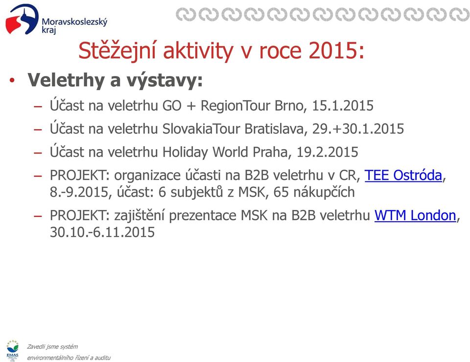 -9.2015, účast: 6 subjektů z MSK, 65 nákupčích PROJEKT: zajištění prezentace MSK na B2B veletrhu