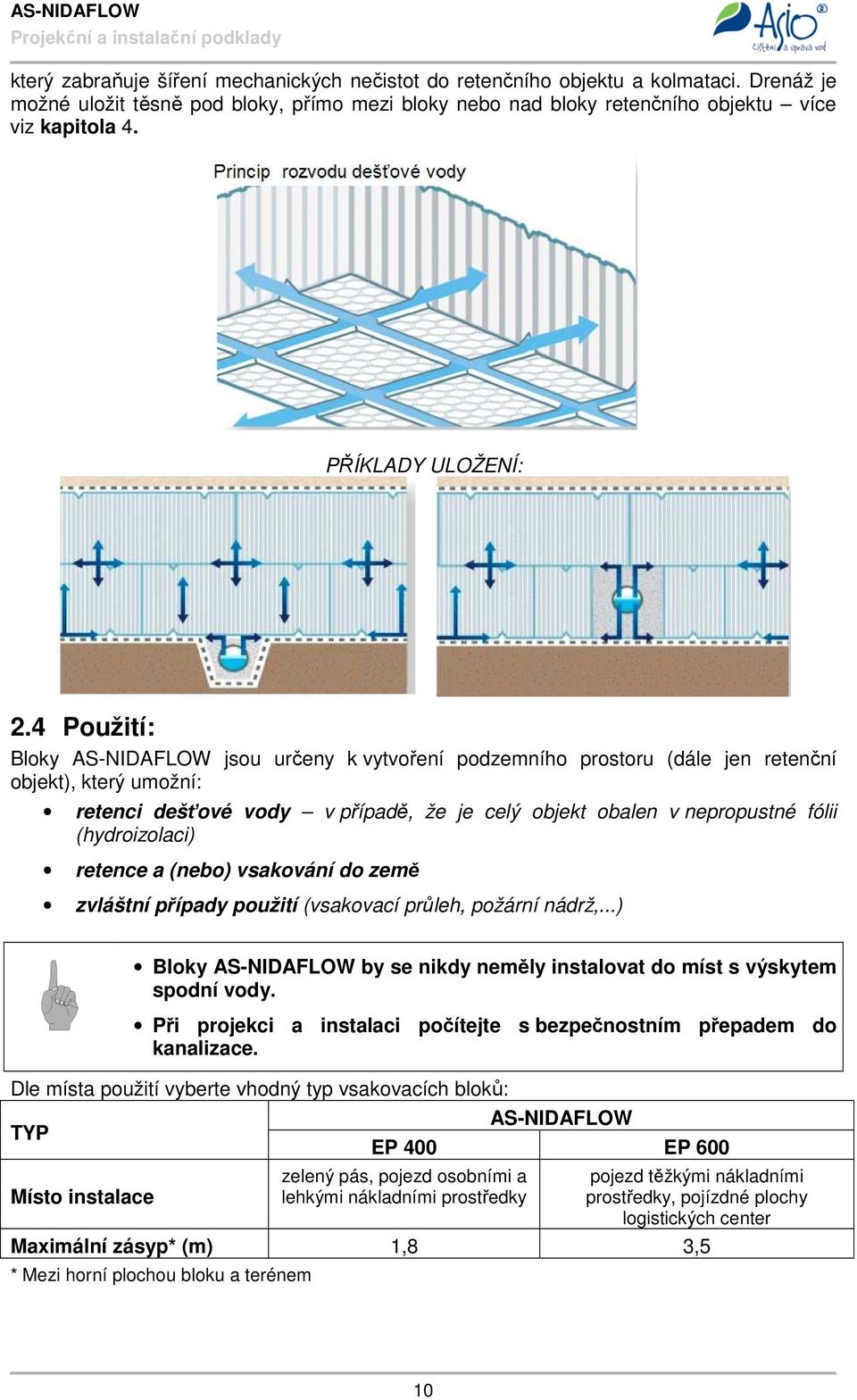 4 Použití: Bloky AS-NIDAFLOW jsou určeny k vytvoření podzemního prostoru (dále jen retenční objekt), který umožní: retenci dešťové vody v případě, že je celý objekt obalen v nepropustné fólii