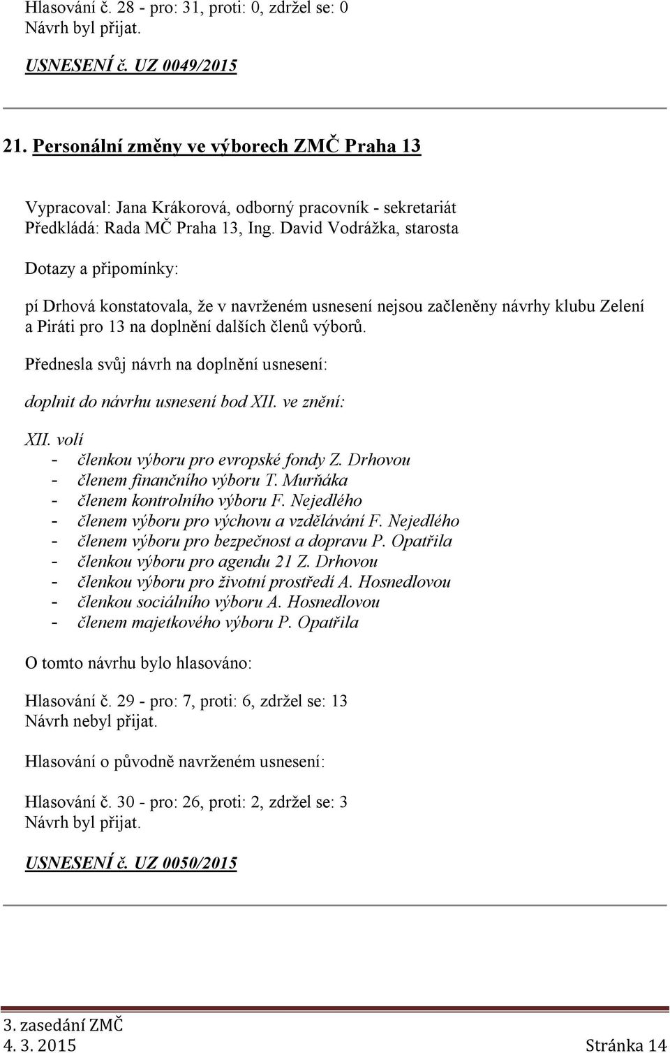 David Vodrážka, starosta pí Drhová konstatovala, že v navrženém usnesení nejsou začleněny návrhy klubu Zelení a Piráti pro 13 na doplnění dalších členů výborů.