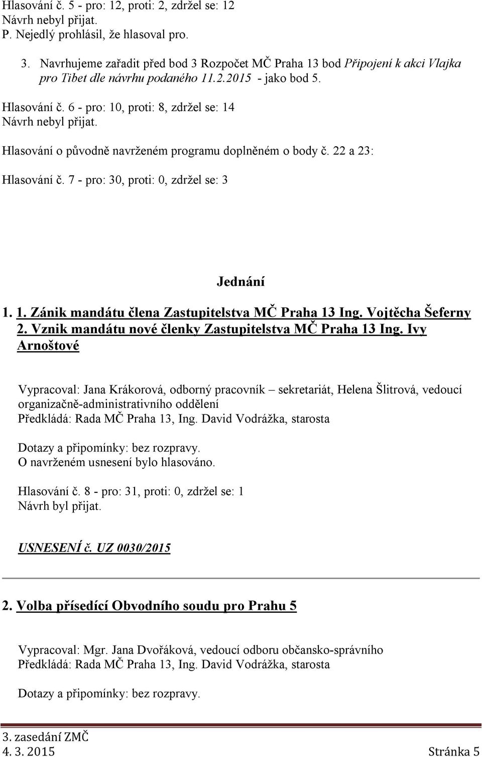 6 - pro: 10, proti: 8, zdržel se: 14 Návrh nebyl přijat. Hlasování o původně navrženém programu doplněném o body č. 22 a 23: Hlasování č. 7 - pro: 30, proti: 0, zdržel se: 3 Jednání 1. 1. Zánik mandátu člena Zastupitelstva MČ Praha 13 Ing.