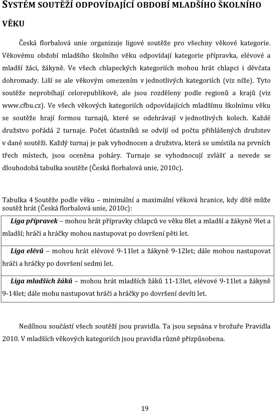 Liší se ale věkovým omezením v jednotlivých kategoriích (viz níže). Tyto soutěže neprobíhají celorepublikově, ale jsou rozděleny podle regionů a krajů (viz www.cfbu.cz).