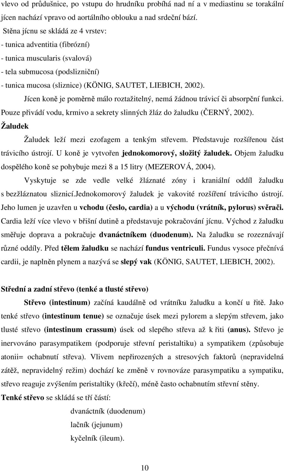 Jícen koně je poměrně málo roztažitelný, nemá žádnou trávicí či absorpční funkci. Pouze přivádí vodu, krmivo a sekrety slinných žláz do žaludku (ČERNÝ, 2002).