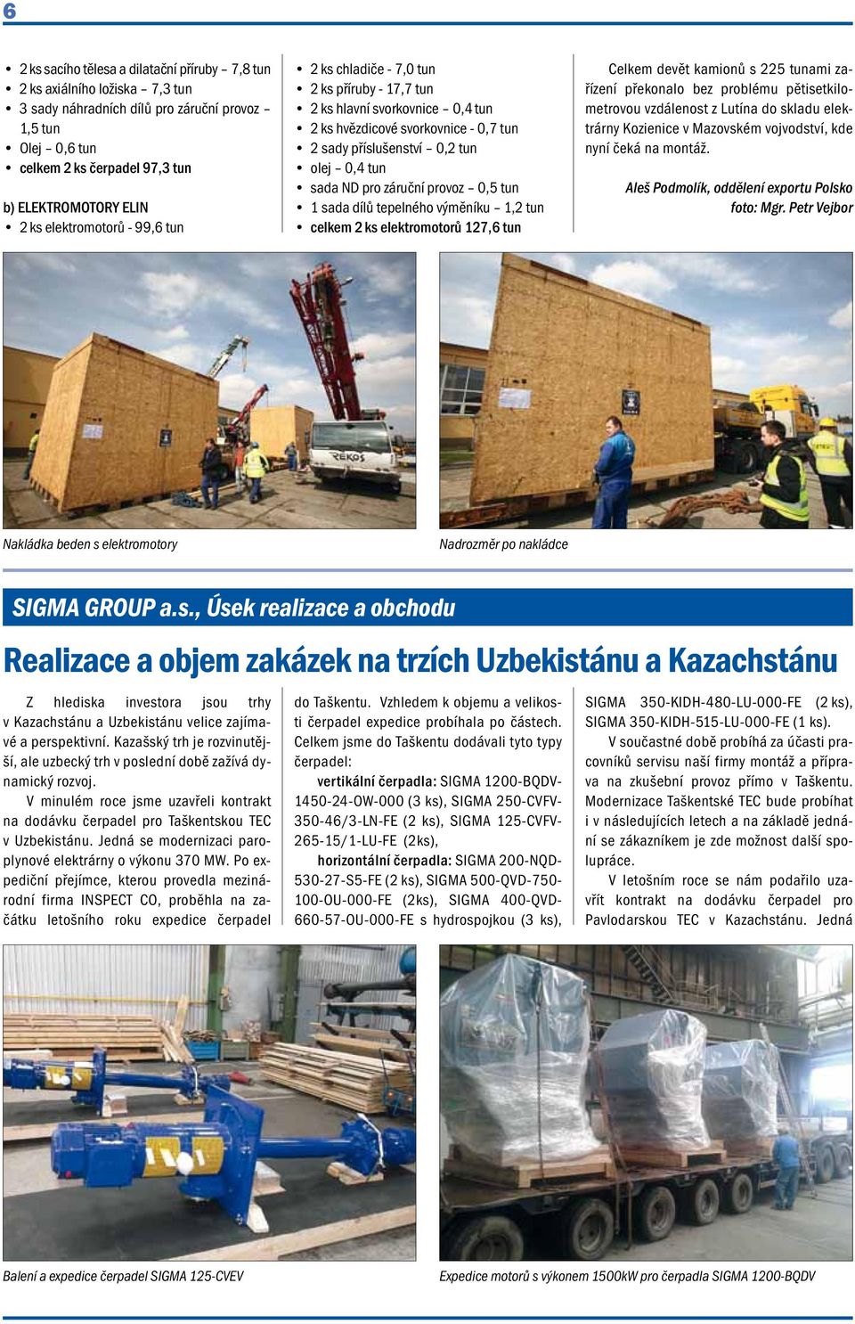 záruční provoz 0,5 tun 1 sada dílů tepelného výměníku 1,2 tun celkem 2 ks elektromotorů 127,6 tun Celkem devět kamionů s 225 tunami zařízení překonalo bez problému pětisetkilometrovou vzdálenost z