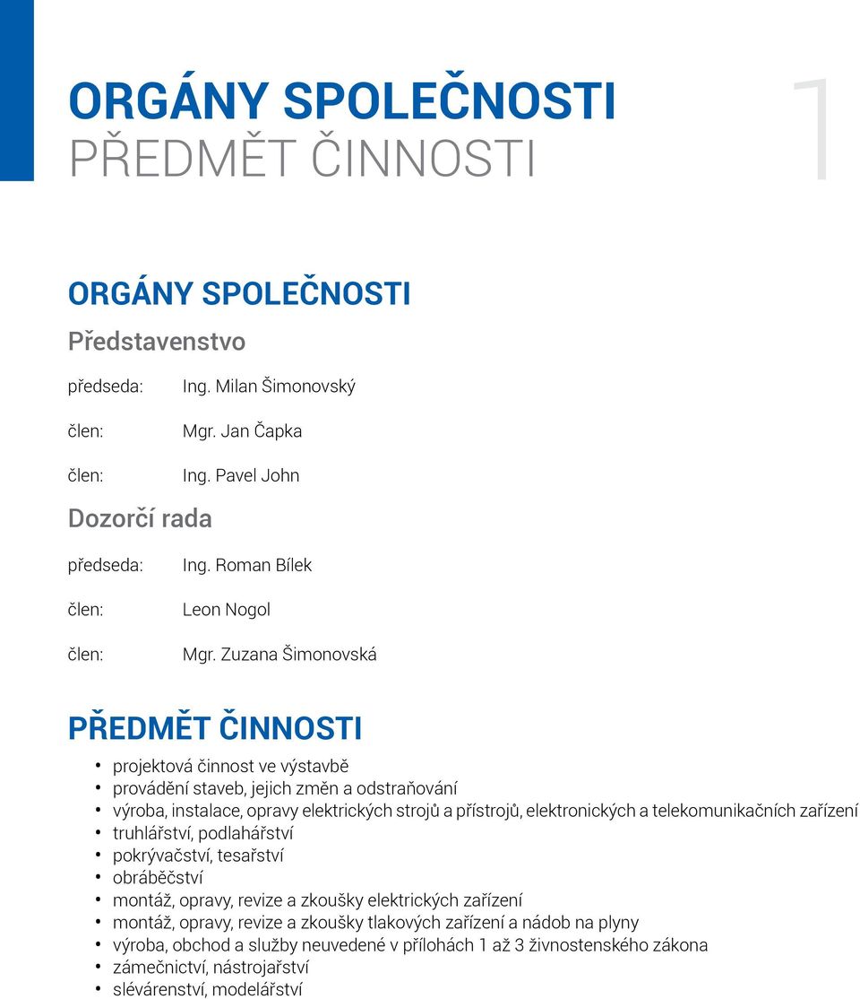 Zuzana Šimonovská PŘEDMĚT ČINNOSTI projektová činnost ve výstavbě provádění staveb, jejich změn a odstraňování výroba, instalace, opravy elektrických strojů a přístrojů, elektronických