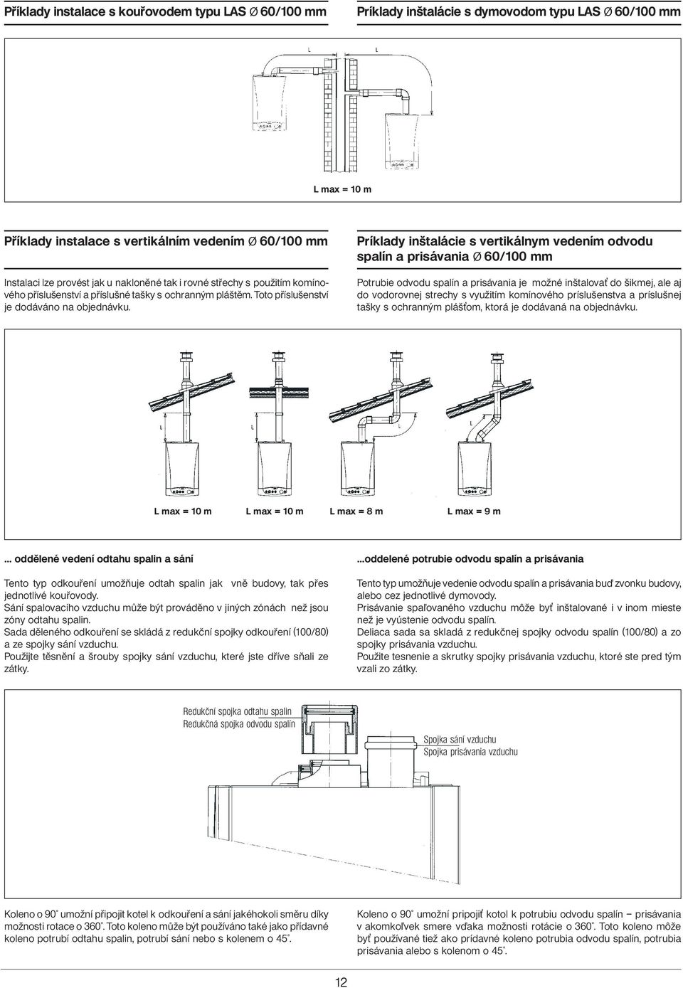 Príklady inštalácie s vertikálnym vedením odvodu spalín a prisávania Ø 60/100 mm Potrubie odvodu spalín a prisávania je možné inštalova do šikmej, ale aj do vodorovnej strechy s využitím komínového