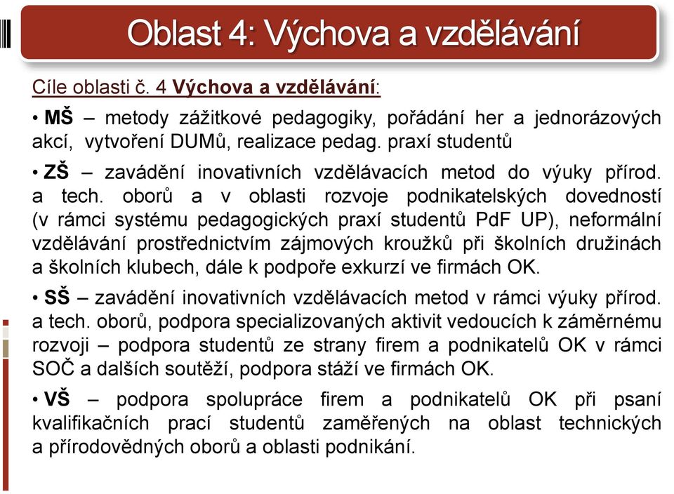 oborů a v oblasti rozvoje podnikatelských dovedností (v rámci systému pedagogických praxí studentů PdF UP), neformální vzdělávání prostřednictvím zájmových kroužků při školních družinách a školních