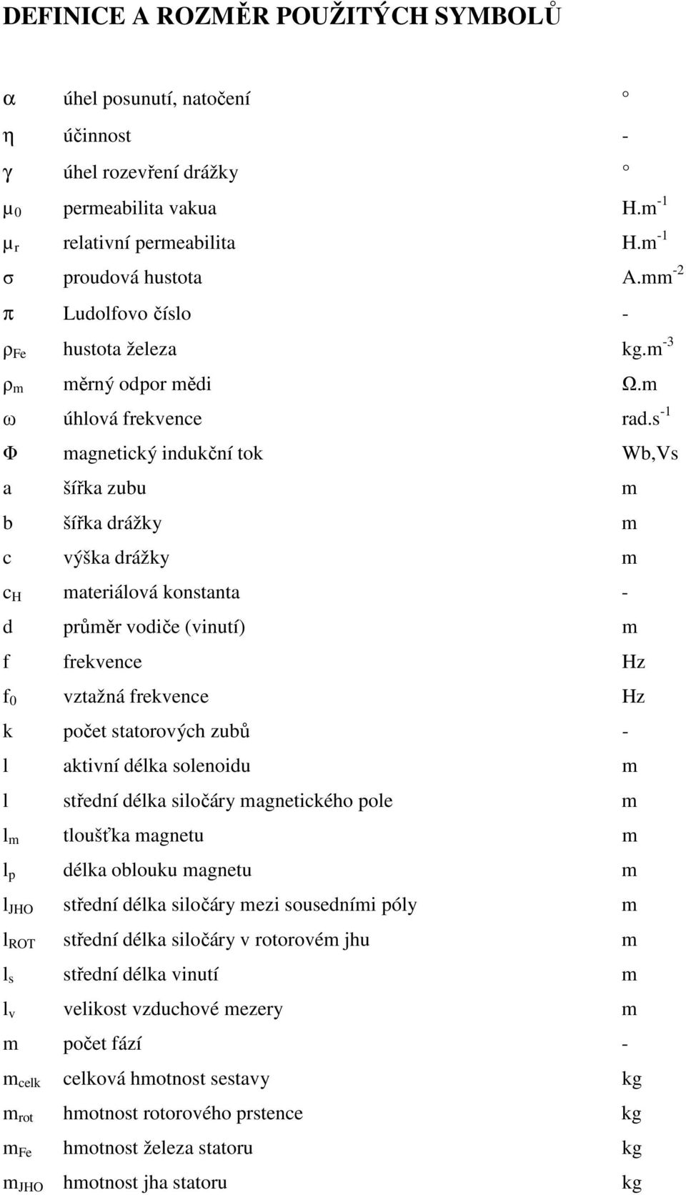 s -1 Φ magnetický indukční tok Wb,Vs a šířka zubu m b šířka drážky m c výška drážky m c H materiálová konstanta - d průměr vodiče (vinutí) m f frekvence Hz f 0 vztažná frekvence Hz k počet