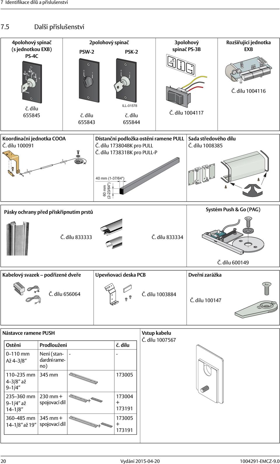 dílu 7383BK pro PULL-P Sada středového dílu Č. dílu 008385 0 mm (-37/") 0 mm (2-23/") Pásky ochrany před přiskřípnutím prstů Systém Push & Go (PAG) Č. dílu 833333 Č.