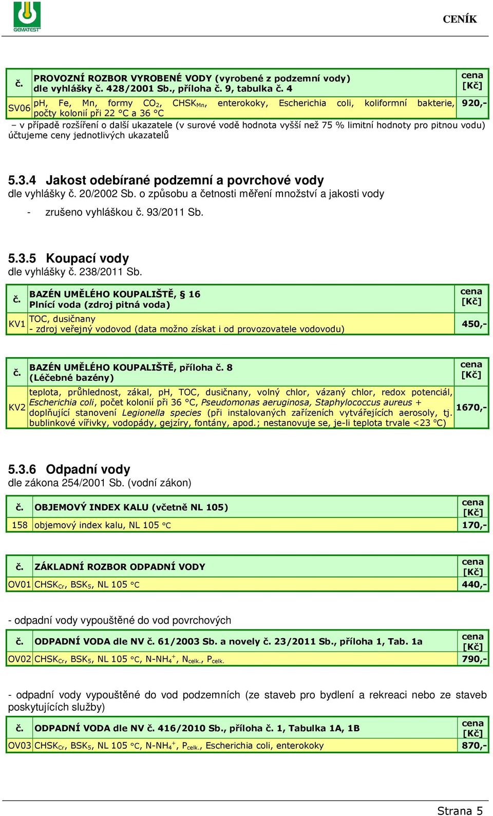 hodnota vyšší než 75 % limitní hodnoty pro pitnou vodu) účtujeme ceny jednotlivých ukazatelů 5.3.4 Jakost odebírané podzemní a povrchové vody dle vyhlášky 20/2002 Sb.