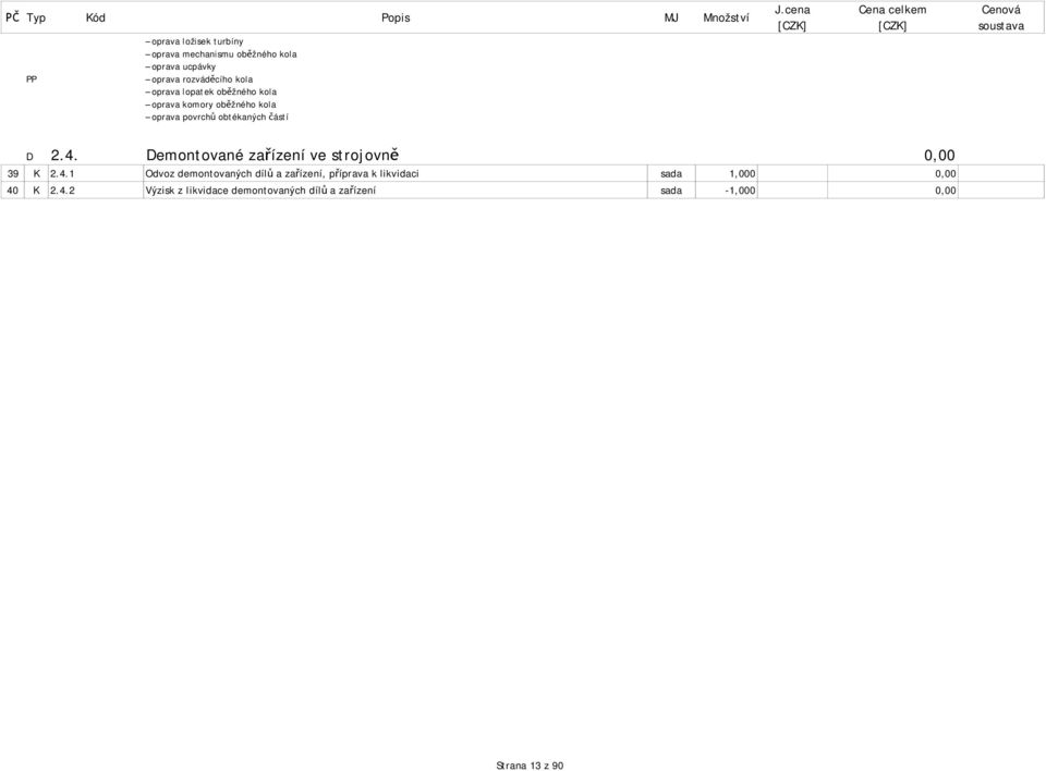 2.4. Demontované za ízení ve strojovn 0,00 39 K 2.4.1 Odvoz demontovaných díl a za ízení, p íprava k likvidaci sada 1,000 0,00 40 K 2.