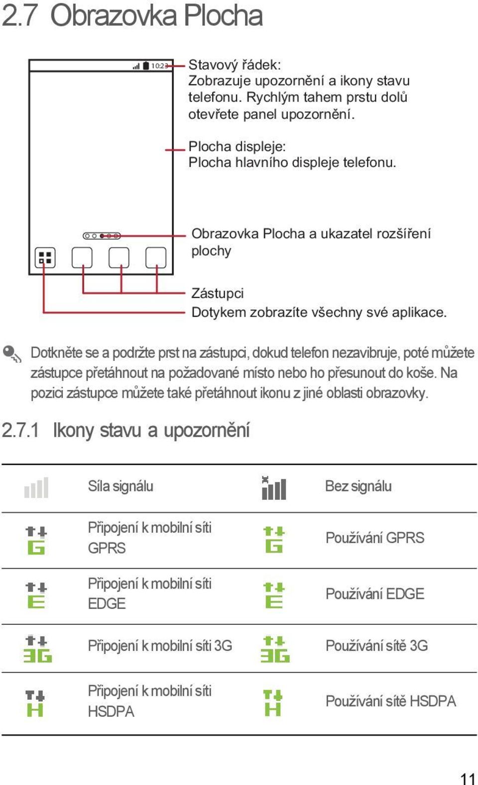 Dotkněte se a podržte prst na zástupci, dokud telefon nezavibruje, poté můžete zástupce přetáhnout na požadované místo nebo ho přesunout do koše.