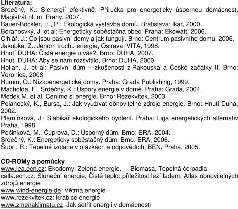 : Jenom trochu energie, Ostrava: VITA, 1998. Hnutí DUHA: Čistá energie u vás?, Brno: DUHA, 2007. Hnutí DUHA: Aby se nám rozsvítilo, Brno: DUHA, 2000. Hollan, J.