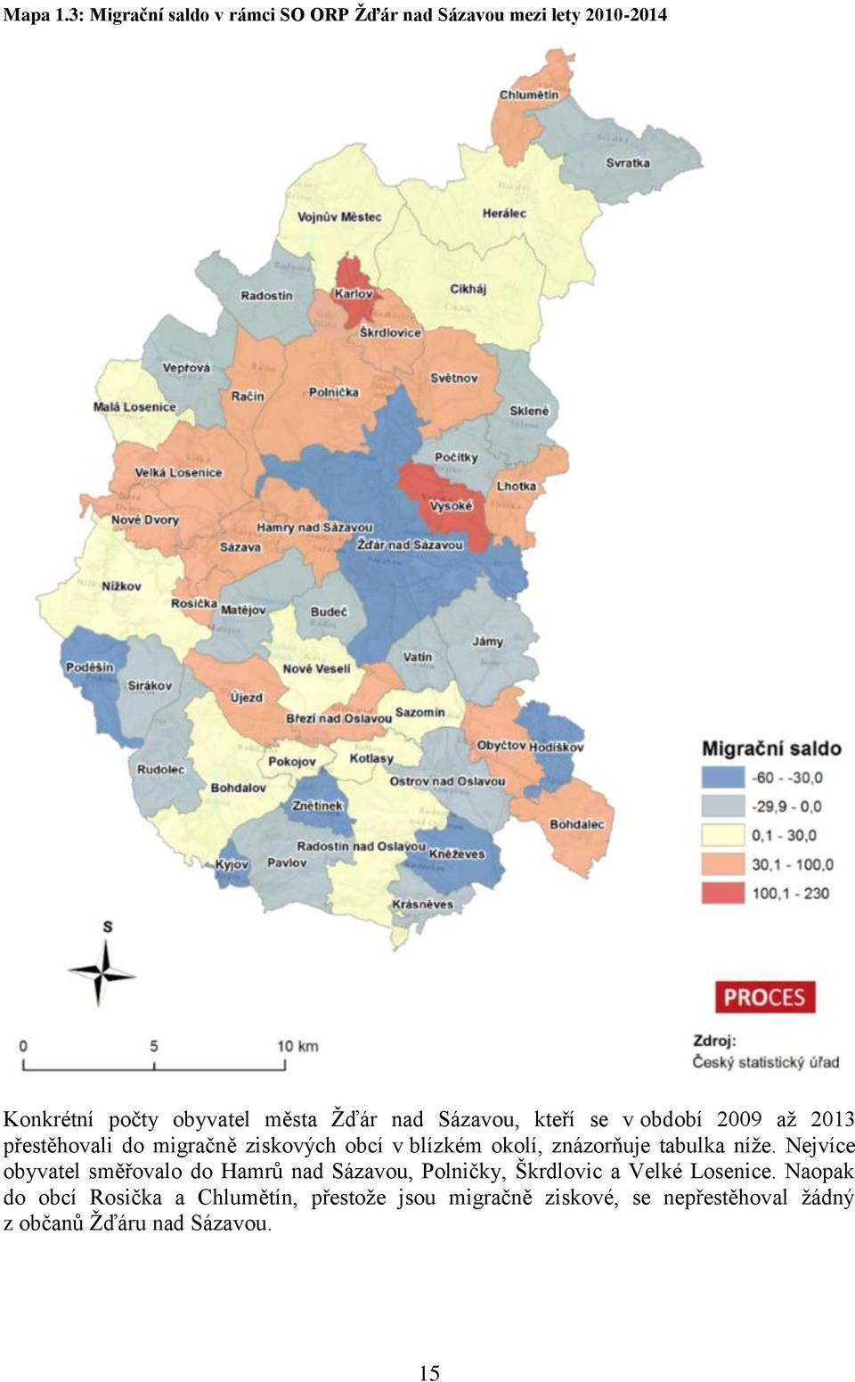 Sázavou, kteří se v období 2009 až 2013 přestěhovali do migračně ziskových obcí v blízkém okolí, znázorňuje
