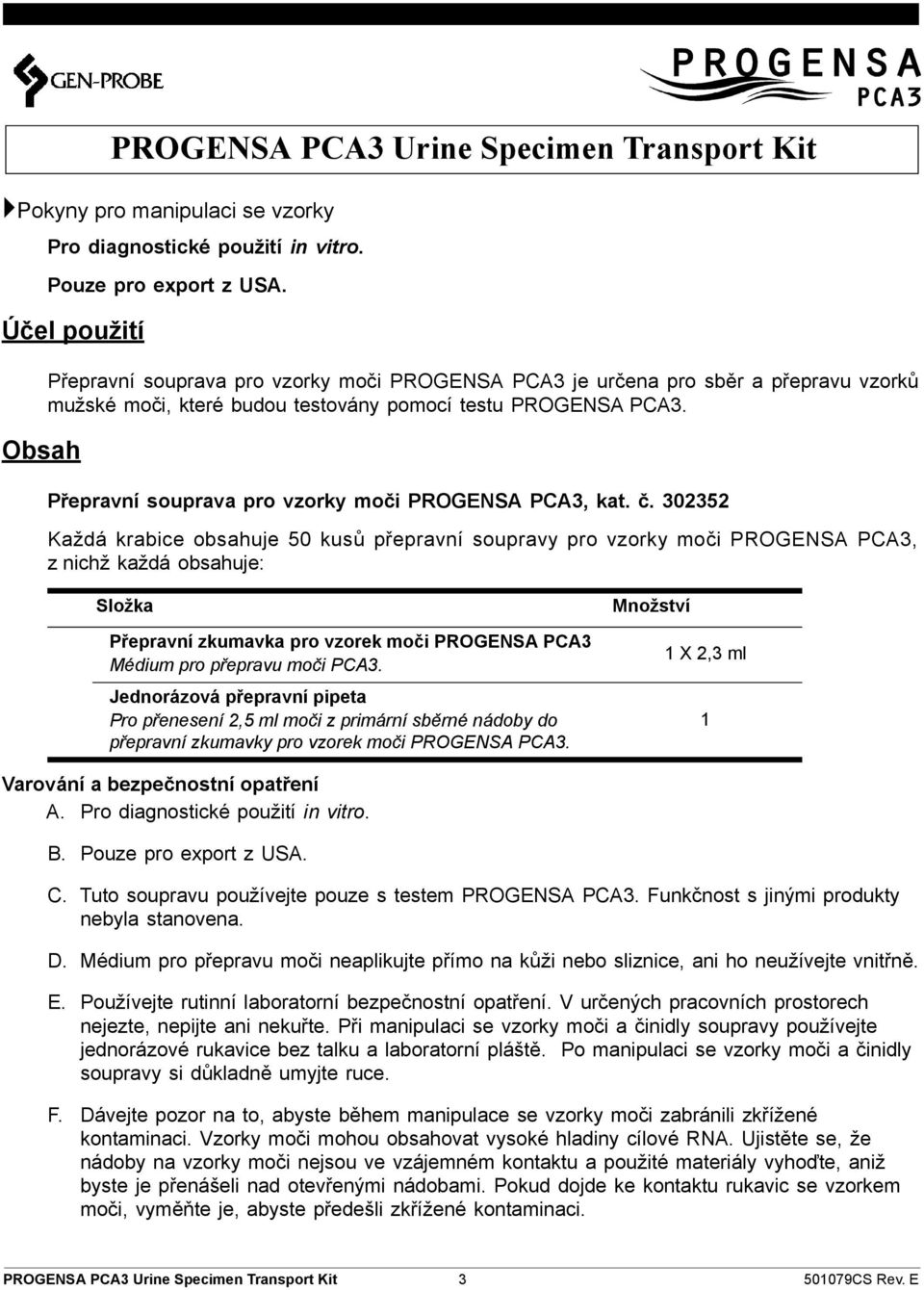 Přepravní souprava pro vzorky moči PROGENSA PCA3, kat. č.