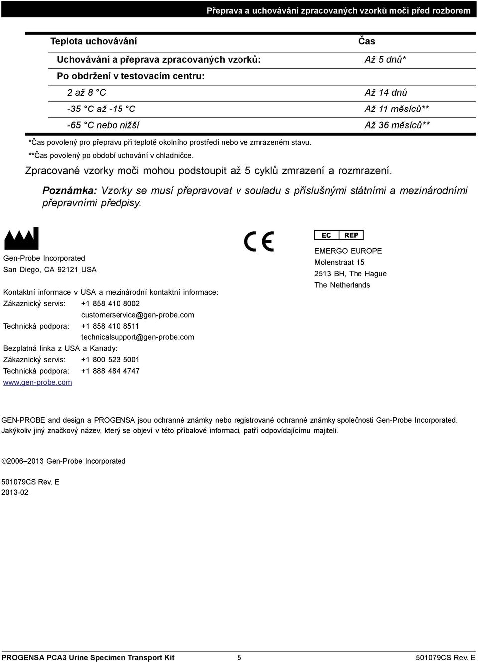 Zpracované vzorky moči mohou podstoupit až 5 cyklů zmrazení a rozmrazení. Poznámka: Vzorky se musí přepravovat v souladu s příslušnými státními a mezinárodními přepravními předpisy.