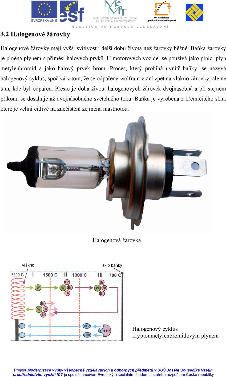 Proces, který probíhá uvnitř baňky, se nazývá halogenový cyklus, spočívá v tom, že se odpařený wolfram vrací zpět na vlákno žárovky, ale ne tam, kde byl odpařen.