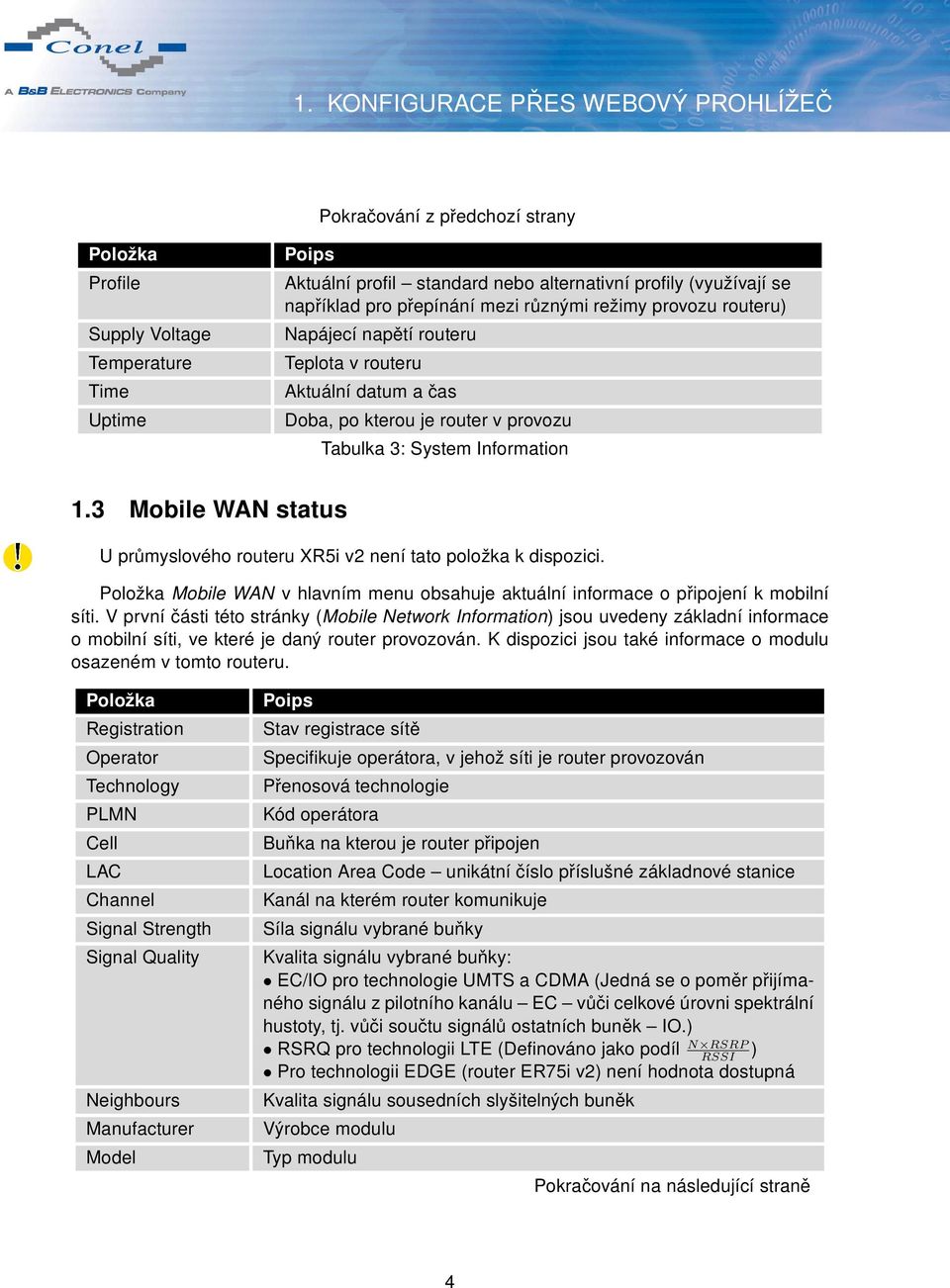 3 Mobile WAN status U průmyslového routeru XR5i v2 není tato položka k dispozici. Mobile WAN v hlavním menu obsahuje aktuální informace o připojení k mobilní síti.