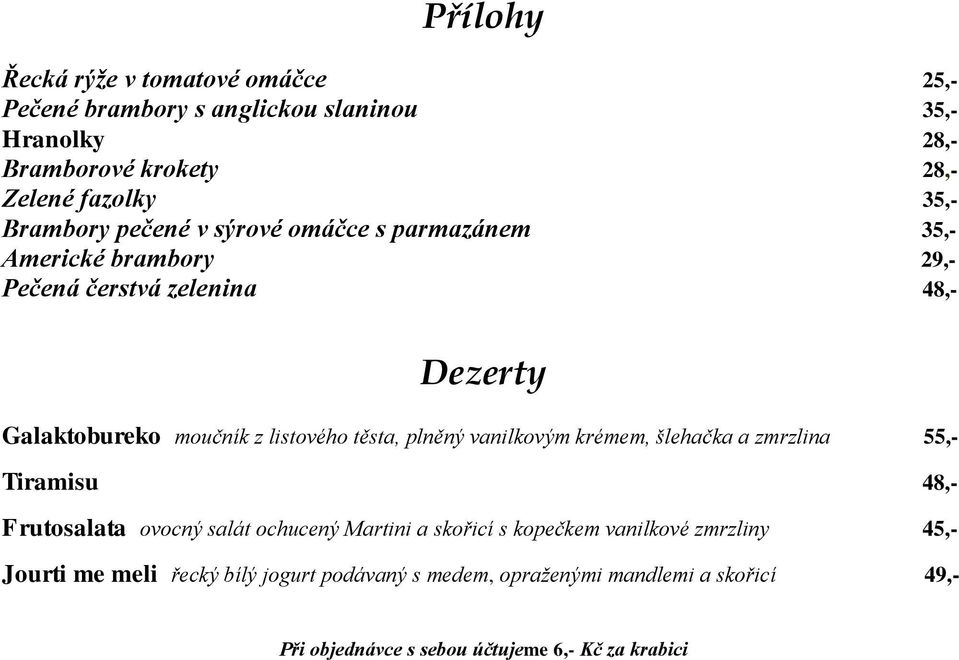 těsta, plněný vanilkovým krémem, šlehačka a zmrzlina 55,- Tiramisu 48,- Frutosalata ovocný salát ochucený Martini a skořicí s kopečkem vanilkové