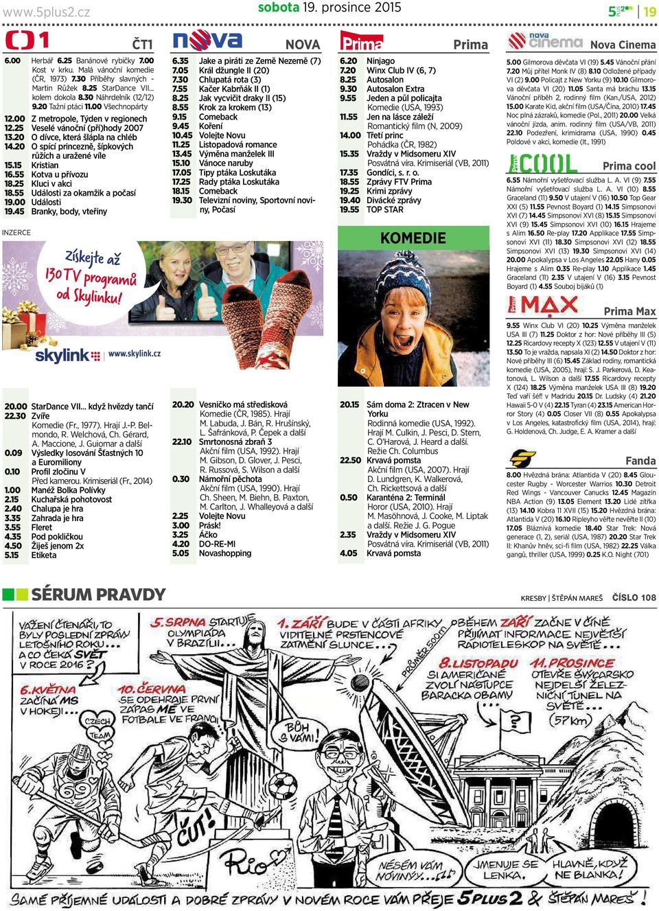 20 Ospící princezně,šípkových růžích a uražené víle 15.15 Kristian 16.55 Kotvaupřívozu 18.25 Kluci vakci 18.55 Události za okamžik apočasí 19.00 Události 19.45 Branky,body,vteřiny NOVA 6.
