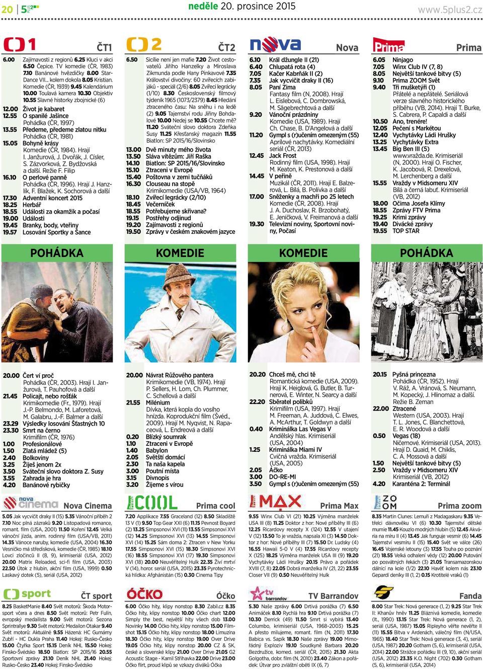 55 Předeme,předeme zlatounitku Pohádka (ČR, 1981) 15.05 Bohyněkrásy Komedie (ČR, 1984). Hrají I. Janžurová, J. Dvořák, J. Císler, S. Zázvorková, Z. Bydžovská adalší. Režie F. Filip 16.