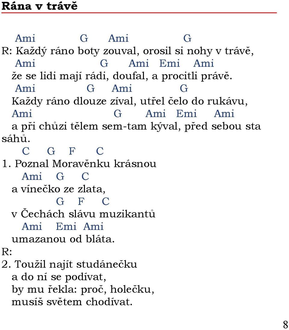 Ami G Ami G Každy ráno dlouze zíval, utřel čelo do rukávu, Ami G Ami Emi Ami a při chůzi tělem sem-tam kýval, před sebou